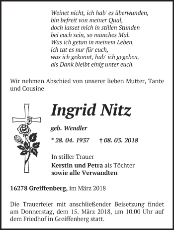 Traueranzeige von Ingrid Nitz von Märkische Oderzeitung