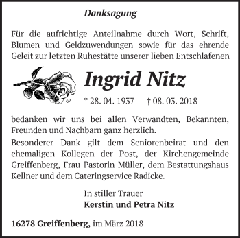 Traueranzeige von Ingrid Nitz von Märkische Oderzeitung