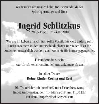 Traueranzeige von Ingrid Schlitzkus von Märkische Oderzeitung