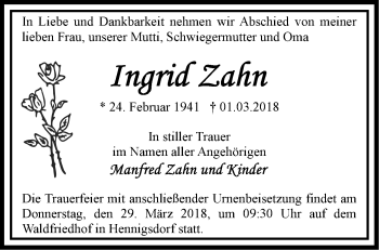 Traueranzeige von Ingrid Zahn von Märkische Oderzeitung