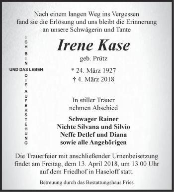 Traueranzeige von Irene Kase von Märkische Oderzeitung