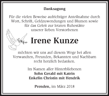 Traueranzeige von Irene Kunze von Märkische Oderzeitung