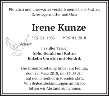 Traueranzeige von Irene Kunze von Märkische Oderzeitung