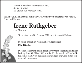 Traueranzeige von Irene Rathgeber von Märkische Oderzeitung