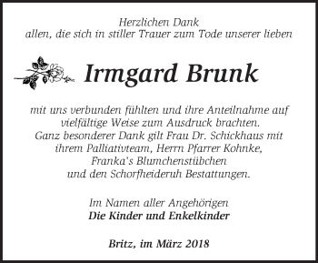 Traueranzeige von Irmgard Brunk von Märkische Oderzeitung