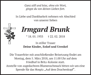 Traueranzeige von Irmgard Brunk von Märkische Oderzeitung