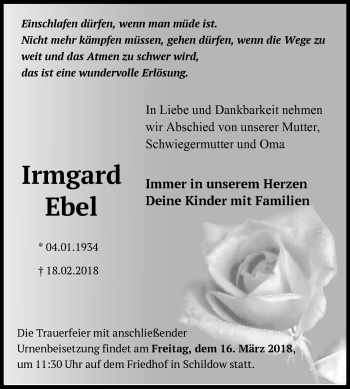 Traueranzeige von Irmgard Ebel von Märkische Oderzeitung