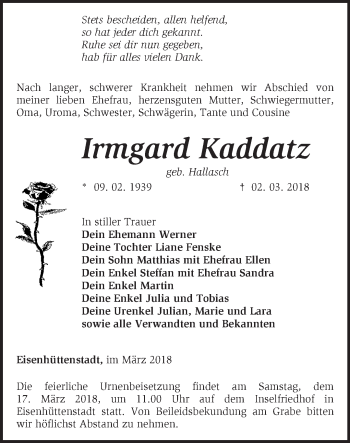 Traueranzeige von Irmgard Kaddatz von Märkische Oderzeitung