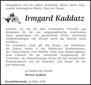 Traueranzeige von Irmgard Kaddatz von Märkische Oderzeitung