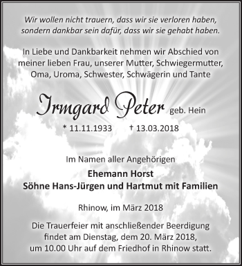 Traueranzeige von Irmgard Peter von Märkische Oderzeitung