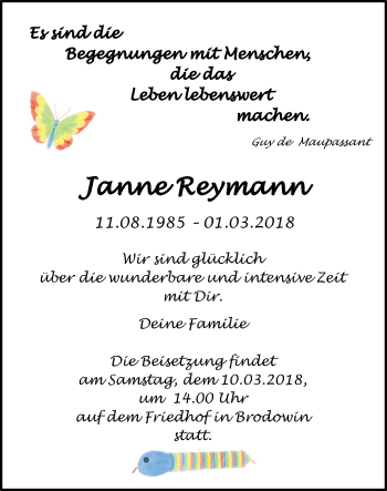 Traueranzeige von Janne Reymann von Märkische Oderzeitung