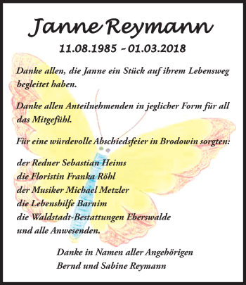 Traueranzeige von Janne Reymann von Märkische Oderzeitung