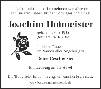 Traueranzeige von Joachim Hofmeister von Märkische Oderzeitung