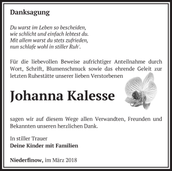 Traueranzeige von Johanna Kalesse von Märkische Oderzeitung