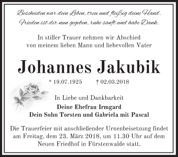 Traueranzeige von Johannes Jakubik von Märkische Oderzeitung