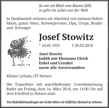 Traueranzeige von Josef Stowitz von Märkische Oderzeitung