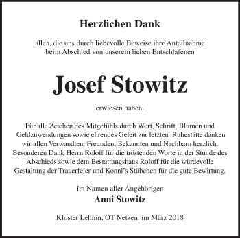 Traueranzeige von Josef Stowitz von Märkische Oderzeitung