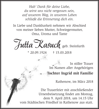 Traueranzeige von Jutta Kasuch von Märkische Oderzeitung