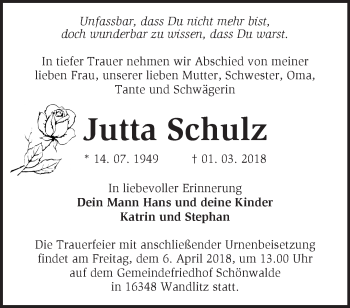 Traueranzeige von Jutta Schulz von Märkische Oderzeitung