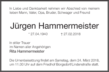 Traueranzeige von Jürgen Hammermeister von Märkische Oderzeitung