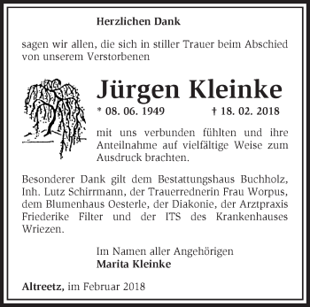 Traueranzeige von Jürgen Kleinke von Märkische Oderzeitung