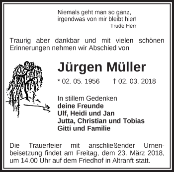 Traueranzeige von Jürgen Müller von Märkische Oderzeitung