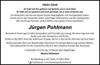 Traueranzeige von Jürgen Pohlmann von Märkische Oderzeitung