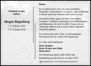 Traueranzeige von Jürgen Regenberg von Märkische Oderzeitung