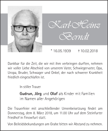 Traueranzeige von Karl-Heinz Berndt von Märkische Oderzeitung