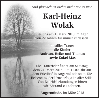 Traueranzeige von Karl-Heinz Wolak von Märkische Oderzeitung