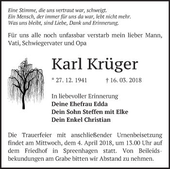 Traueranzeige von Karl Krüger von Märkische Oderzeitung