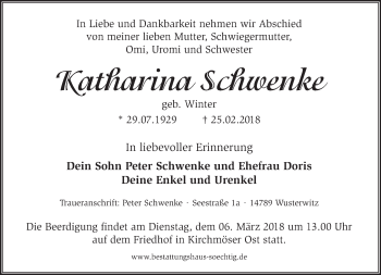 Traueranzeige von Katharina Schwenke von Märkische Oderzeitung