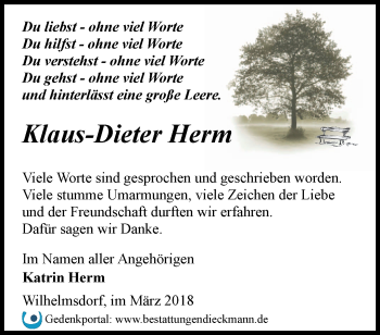 Traueranzeige von Klaus-Dieter Herm von Märkische Oderzeitung