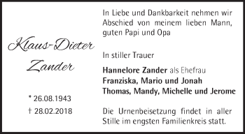 Traueranzeige von Klaus-Dieter Zander von Märkische Oderzeitung