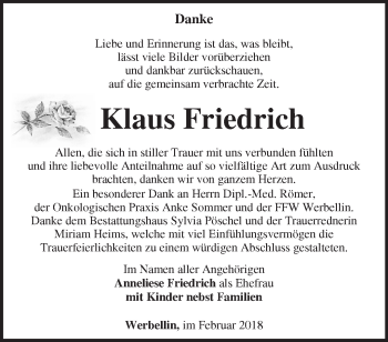 Traueranzeige von Klaus Friedrich von Märkische Oderzeitung