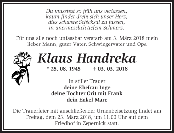 Traueranzeige von Klaus Handreka von Märkische Oderzeitung