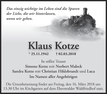 Traueranzeige von Klaus Kotze von Märkische Oderzeitung