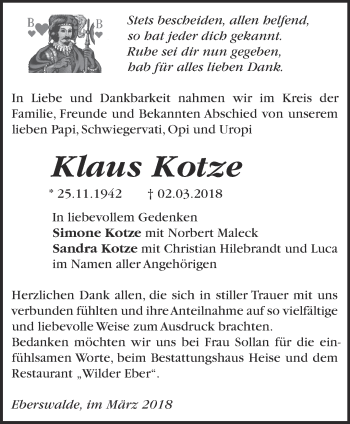 Traueranzeige von Klaus Kotze von Märkische Oderzeitung
