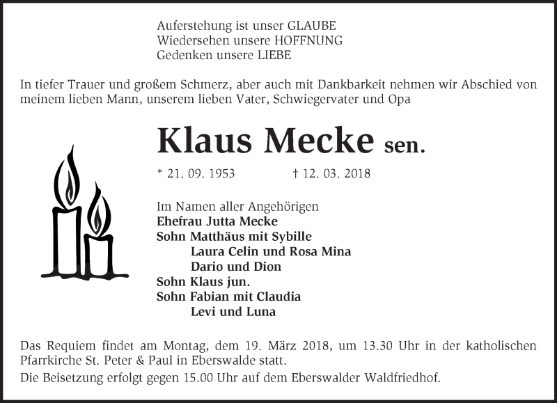  Traueranzeige für Klaus Mecke vom 18.03.2018 aus Märkische Oderzeitung