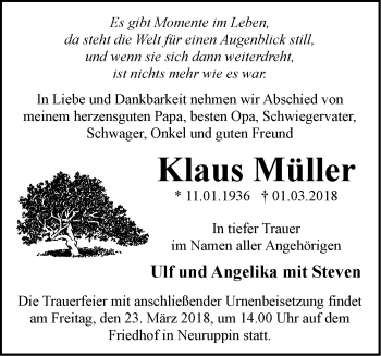 Traueranzeige von Klaus Müller von Märkische Oderzeitung
