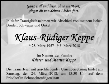 Traueranzeige von Klaus-Rüdiger Keppe von Märkische Oderzeitung