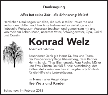 Traueranzeige von Konrad W-elz von Märkische Oderzeitung