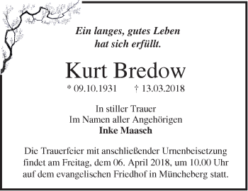 Traueranzeige von Kurt Bredow von Märkische Oderzeitung