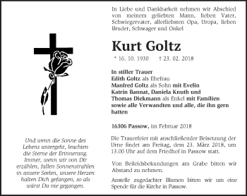Traueranzeige von Kurt Goltz von Märkische Oderzeitung