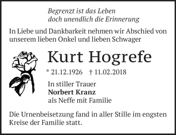 Traueranzeige von Kurt Hogrefe von Märkische Oderzeitung