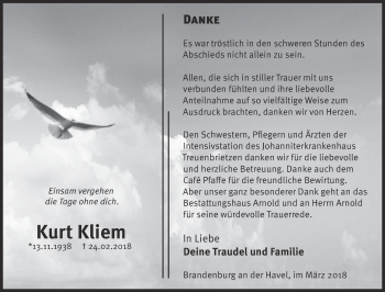Traueranzeige von Kurt Kliem von Märkische Oderzeitung