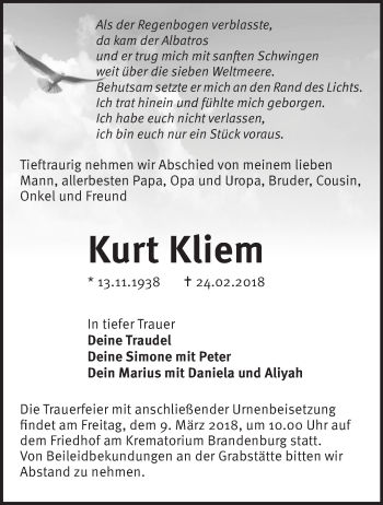 Traueranzeige von Kurt Kliem von Märkische Oderzeitung