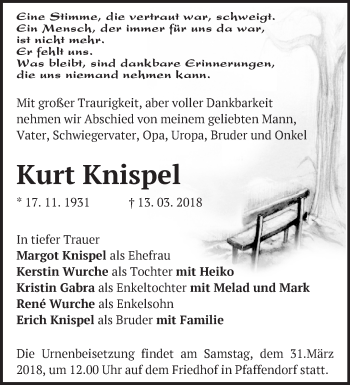 Traueranzeige von Kurt Knispel von Märkische Oderzeitung