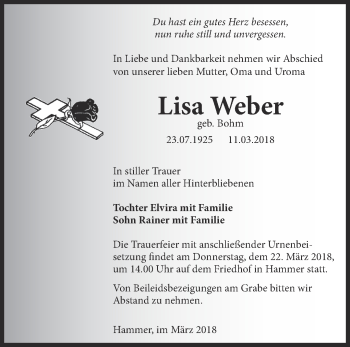 Traueranzeige von Lisa Weber von Märkische Oderzeitung