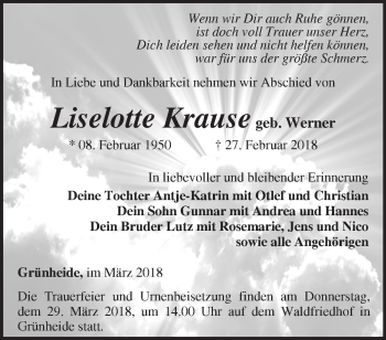 Traueranzeige von Liselotte Krause von Märkische Oderzeitung